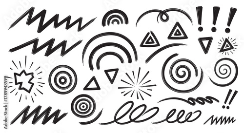 Abstract doodle elements set with hand drawn brush stroke texture for emphasis. Collection of black grunge scribbles spirals zigzags and comic marks for creative design