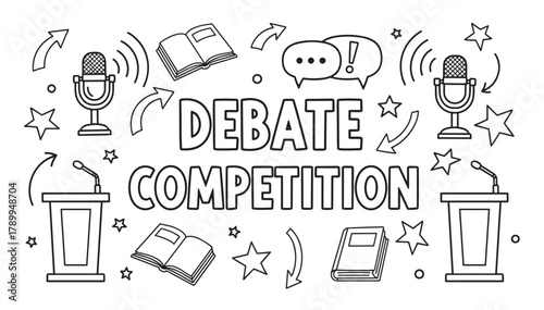 Debate competition banner with hand drawn doodle icons for a school event. Public speaking and discussion concept with podiums, microphones, and books in a simple outline style