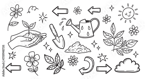 Cute doodle collection of gardening tools and natural elements. Featuring hands planting, a watering can, flowers, leaves, and a smiling sun. Great for eco-friendly designs