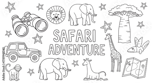 Safari adventure coloring page set with cute wild animals and travel icons. Hand drawn doodle collection includes a lion, elephant, giraffe, monkey, and jeep for kids activities