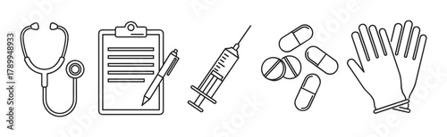 Medical icon set for healthcare and hospital themes. Outline collection of a stethoscope, clipboard, syringe, pills and gloves for web design or mobile application