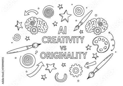 Ai creativity versus originality concept shown in a line art style. Doodle drawing comparing artificial intelligence with the human artistic thought process and copyright debate