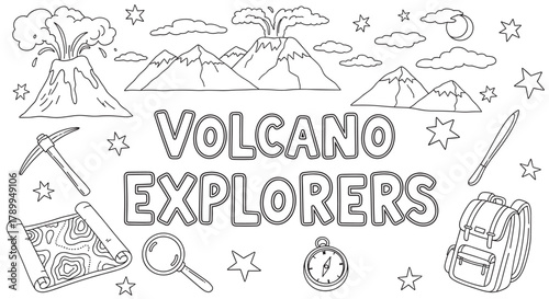 Outline drawing of an erupting volcano and mountain landscape with various exploration tools. Ideal for children's coloring books and engaging educational activities