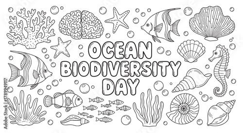 Ocean biodiversity day coloring page with marine life doodles. Hand drawn set of sea animals like fish, coral, seahorse and shells for educational conservation activities