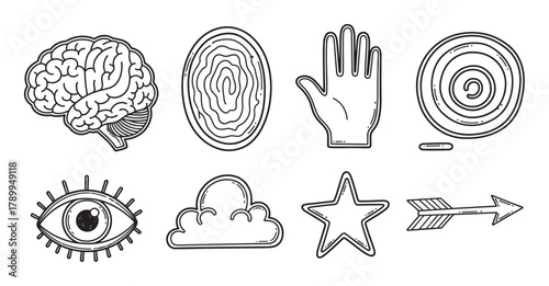 Collection of hand drawn abstract concept icons in a doodle style. Features brain, eye, fingerprint, and target symbols for business or psychology. Minimalist line art elements