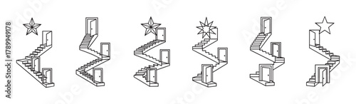 Stairway to success icon collection with multiple paths and choices. Abstract line art showing career ladder progression, opportunity doors, and a star representing achievement