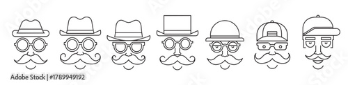 Linear icons of various male faces with hats glasses and mustaches. A collection of retro gentleman and modern hipster avatars for a user profile or brand identity