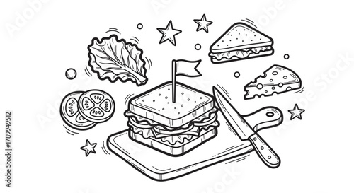 Doodle sketch of a sandwich on a cutting board with fresh ingredients. Black and white line art collection of fast food elements for a cafe menu or coloring book page