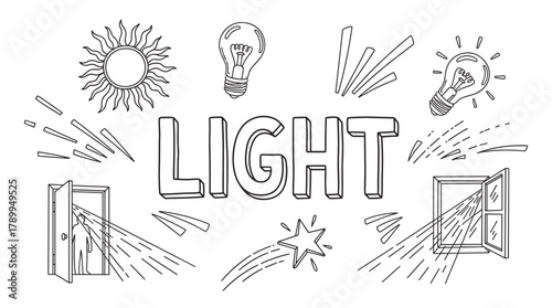 Light concept featuring sun, glowing bulb, and star elements. Rays illuminate a person silhouette entering a door. Brightness shines through an open window