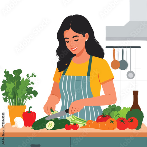 A woman in an apron smiles as she chops vegetables on a cutting board in a bright kitchen.