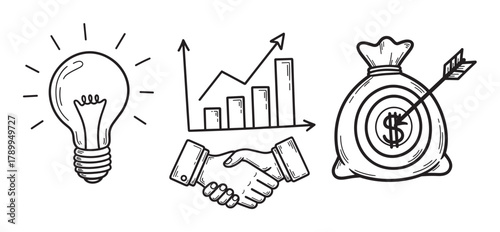 Hand drawn business icon set with idea lightbulb, growth chart, and financial target. Doodle collection representing partnership, investment, and successful strategy concepts