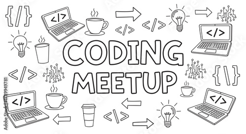 Collection of hand drawn doodle icons for a coding meetup. Programming and software development symbols including laptops, coffee, light bulbs and code brackets for a tech event
