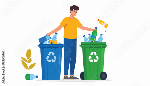A person sorting plastic bottles into recycling bins, promoting environmental awareness.