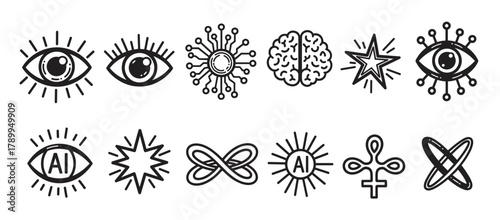 Artificial intelligence icon collection with futuristic symbols. Features bionic eyes, neural networks, and abstract elements in a minimalist black and white line art design