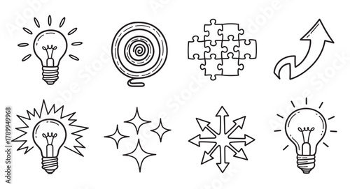 Doodle icon set of business concepts like creativity and innovation. Hand drawn lightbulb, puzzle, and arrow symbols for representing ideas, solutions, and strategic growth