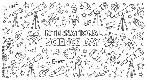 International science day typography surrounded by educational doodle elements. Hand drawn space exploration and scientific discovery symbols. Ideal for school events and learning materials