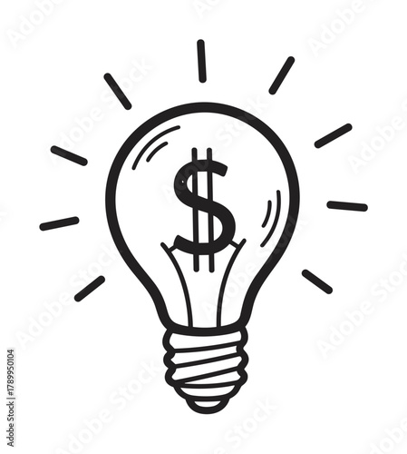 A hand-drawn lightbulb with a dollar sign inside. Symbolizing a bright financial idea or profitable business concept. Perfect for innovation and investment themes