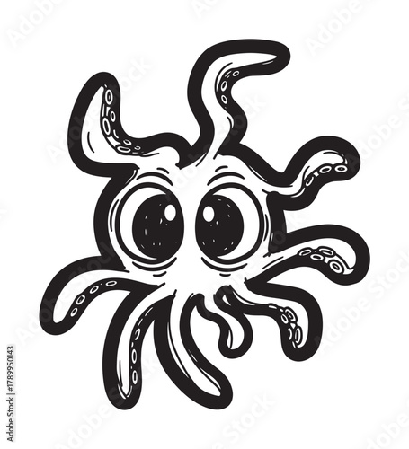 A funny cartoon octopus with large expressive eyes and wavy tentacles. Hand drawn monochrome sketch of a cute kraken or sea monster for a creative mascot or sticker design