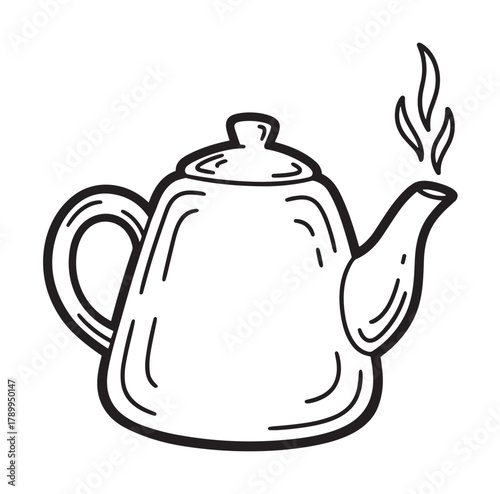 Hand drawn doodle of a steaming teapot with hot water. Minimalist black and white line art icon for cafe menus or beverage branding. Isolated kitchenware sketch for tea time concepts