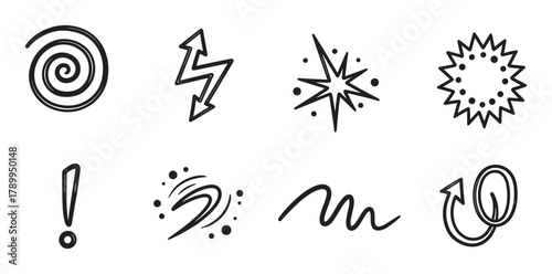 Hand drawn doodle icon set of comic expression symbols. Collection of abstract sketch elements for anger confusion and surprise. Black and white line art for graphic design