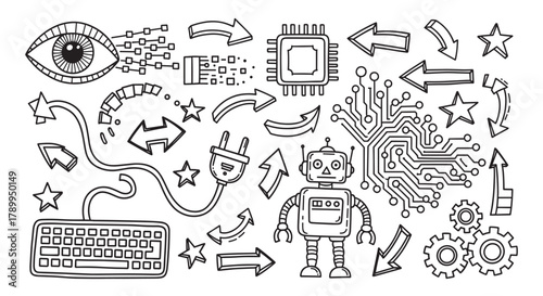 Hand drawn technology doodle elements. Collection of artificial intelligence, computing, and data processing icons. Perfect for digital concepts, web design, and educational materials