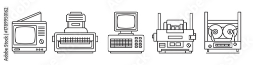 Vintage technology and obsolete electronics icon set. A minimal outline collection of a retro computer, old television, printer, and reel-to-reel audio tape machine