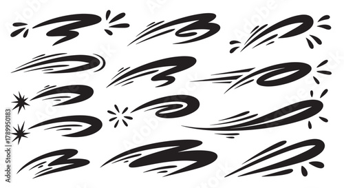 Abstract speed trail and motion swoosh elements in a dynamic graphic set. Cartoon comic style splash, sparkle, and burst effects for creating a sense of action and energy