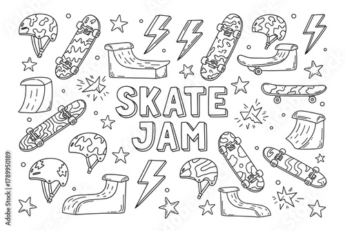 Skate jam lettering with skateboarding equipment in a doodle style. Hand drawn collection of skateboards, helmets, and ramps for coloring book pages or stickers