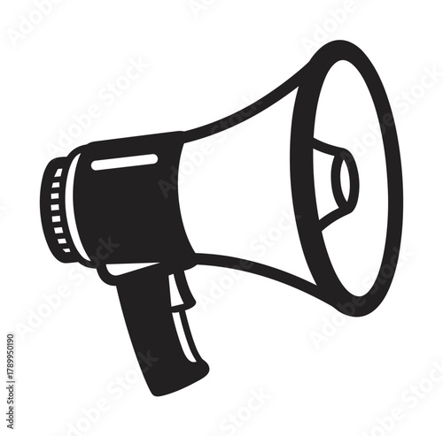 Megaphone icon for announcement and communication concepts. Black and white bullhorn symbol representing marketing, promotion, public speaking or social protest