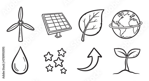 Ecology and renewable energy icon collection in a hand drawn style. Set of environmental symbols including planet earth, solar panel and wind turbine for sustainable design