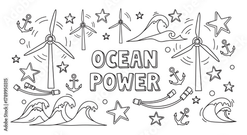 Ocean power concept featuring offshore wind turbines and powerful waves. Doodle style line art for renewable energy, clean electricity, and sustainable marine sources