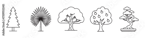 Collection of various tree icons in a minimal line art style. Set includes pine, palm, fruit, deciduous, and bonsai trees for nature or environmental design projects