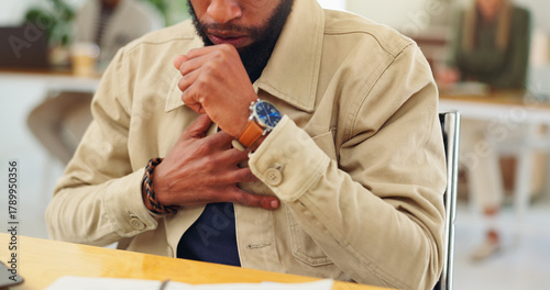 Fotografi Man, hands and cough with chest pain for allergy, respiratory infection or discomfort in office