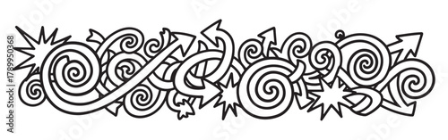 Abstract doodle banner with chaotic arrows spirals and bursts. Hand drawn graffiti style line art element for creative design projects. Dynamic concept of movement and energy