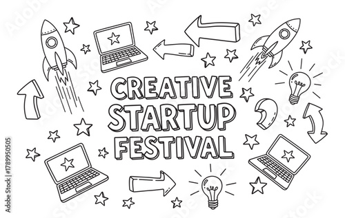 Creative startup festival lettering with a set of hand drawn doodle icons. Business launch concept with rocket, laptop, lightbulb and stars for an innovation event