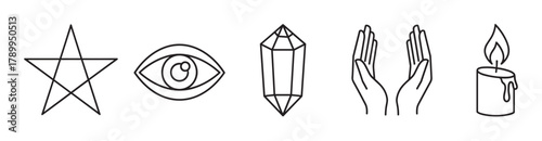 Mystical and esoteric symbols in a simple line art style for spiritual design. Icon set with a pentagram star, all seeing eye, magic crystal, healing hands and candle
