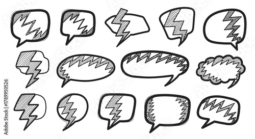Hand drawn collection of angry speech bubbles and shouting dialogue boxes. Comic style doodle set with lightning bolt shapes representing conflict, argument and strong emotions