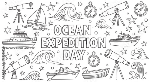 Set of hand drawn marine exploration elements for a kids activity sheet. Featuring various sea vessels, a telescope, compass, and ocean waves for educational materials