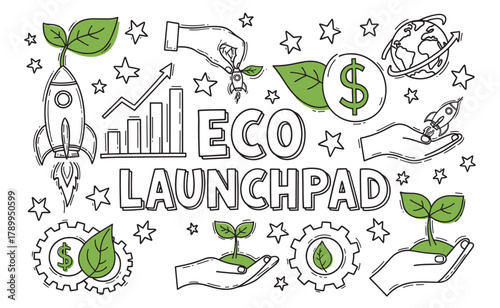 Hand drawn set of icons for an eco launchpad and green business concept. Sustainable startup investment, environmental innovation and financial growth for a clean planet