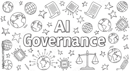 Ai governance concept with doodle icons for global technology regulation. Hand drawn line art of earth, microchips, and scales of justice for ethics and legal framework concepts