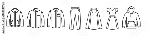 Clothing and apparel line icon set for web and graphic design. Minimalist collection of fashion elements including shirt, pants, dress, skirt, jacket and hoodie for an online store