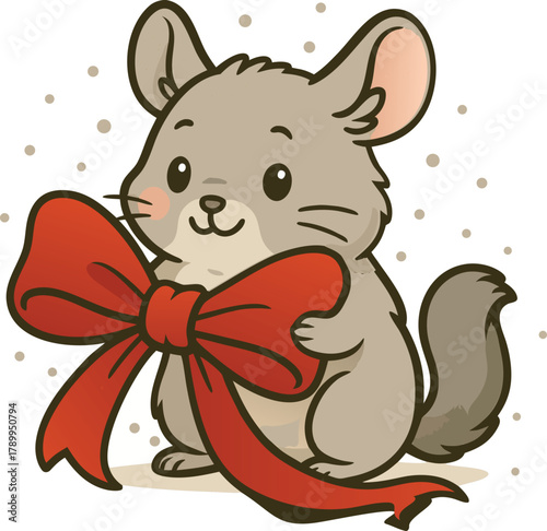 Cute Chinchilla Holding Big Red Bow, Snowy Winter Vector