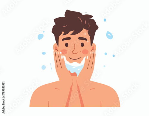 Man washing his face with soap and water, smiling. He is holding his hands to his cheeks.