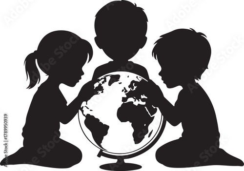 Children Holding Hands Around Globe Silhouette