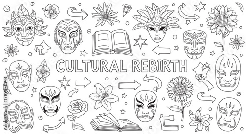 Cultural rebirth concept with traditional masks and flowers. Hand drawn doodle set for coloring pages or educational material representing transformation and knowledge