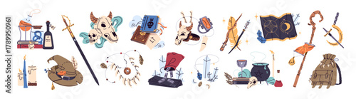 Magic set of witchcraft items. Fantasy stuff of wizard: spell book, cauldron, crystal, skulls and sword. Mystic elements for witch at Halloween. Flat isolated vector illustration on white background