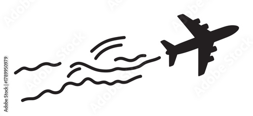 Hand drawn airplane icon with a flight path trail. Minimalist black silhouette symbol representing air travel, transportation, tourism and international vacation concepts