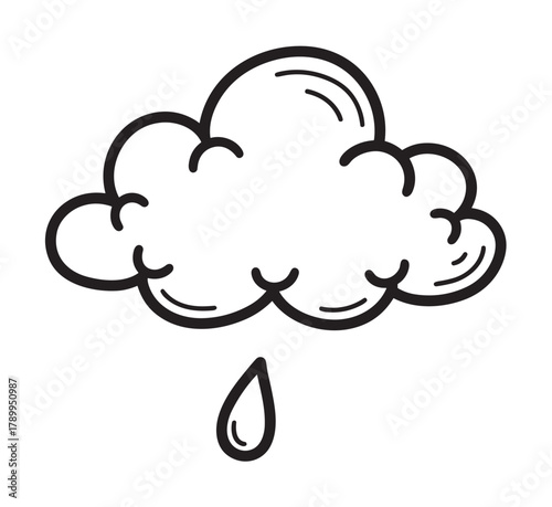 Simple rain cloud icon with a single falling drop. Hand drawn doodle style weather symbol for climate forecast or meteorology concept. Minimalist precipitation graphic element