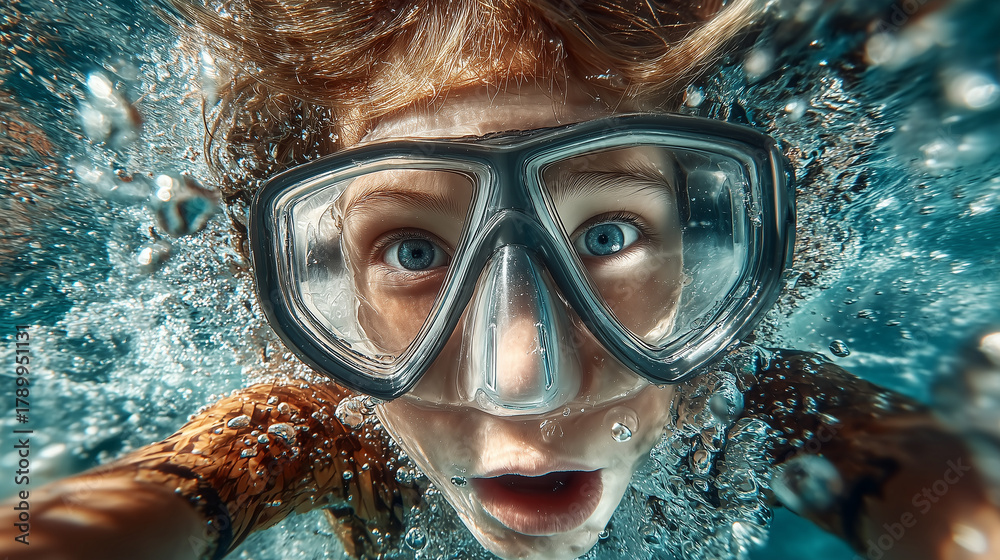 Fototapeta premium Excited child underwater wearing swim goggles, wide-eyed expression while snorkeling in clear blue water