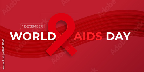 World AIDS DAY 1 december banner with red ribbon. World HIV awareness day starts in 1 December. Red ribbon with text isolated on abstract red background with waves. World AIDS Day poster